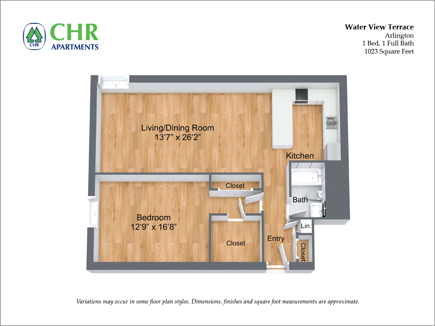 Floor plan for 1 bed, 1 bath, 1023 sqft